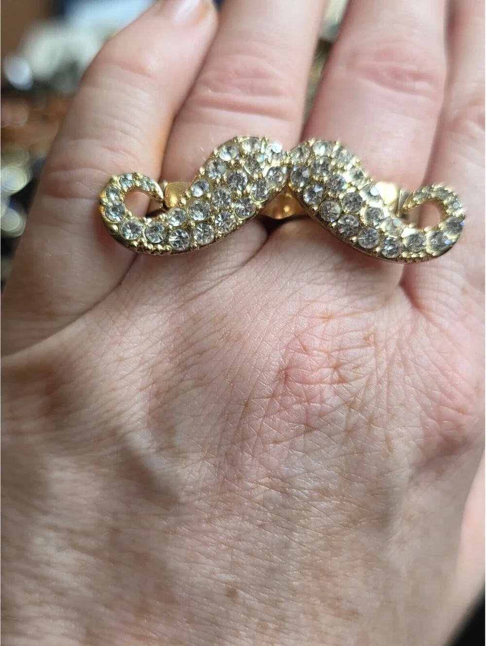 Y2k Novelty Rhinestone Handlebar Mustache Gold Tone Two-Finger Ring Stretch